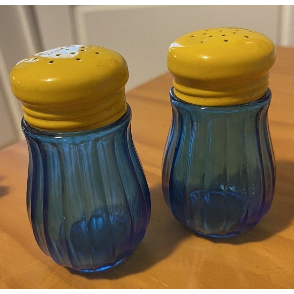 VTG Takahashi Japan Cobalt Blue Glass Salt & Pepper Shakers Yellow Lids 4” MCM